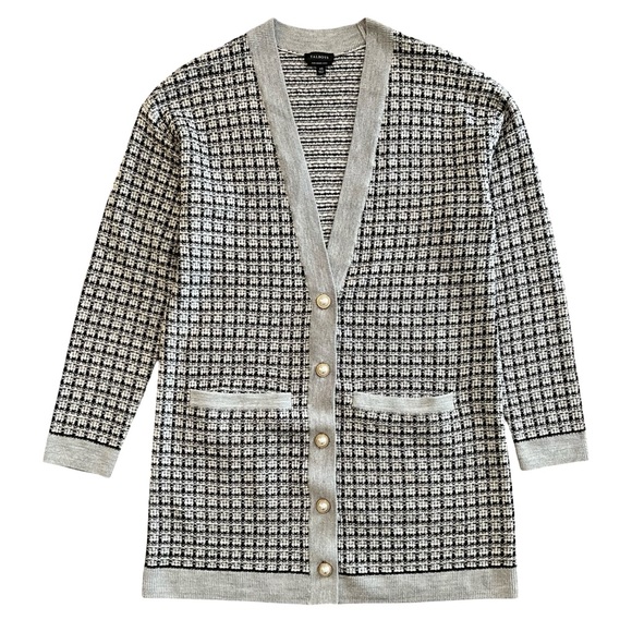 Talbots Sweaters - Merino Wool Cardigan by Talbots in Black, White and Grey Mini Plaid